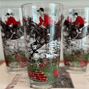 Vintage Hazel Atlas 1950's drinking glasses FOX HUNT HORSE HOUNDS 10 Oz